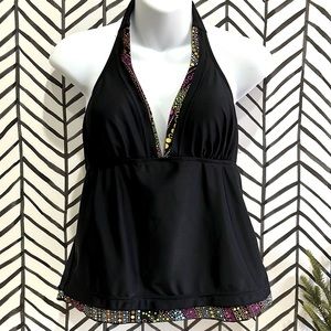 Clearance!⚠️ Shore Shapes Black Colorful Trim Tankini Halter Swim Top, Sz8/10